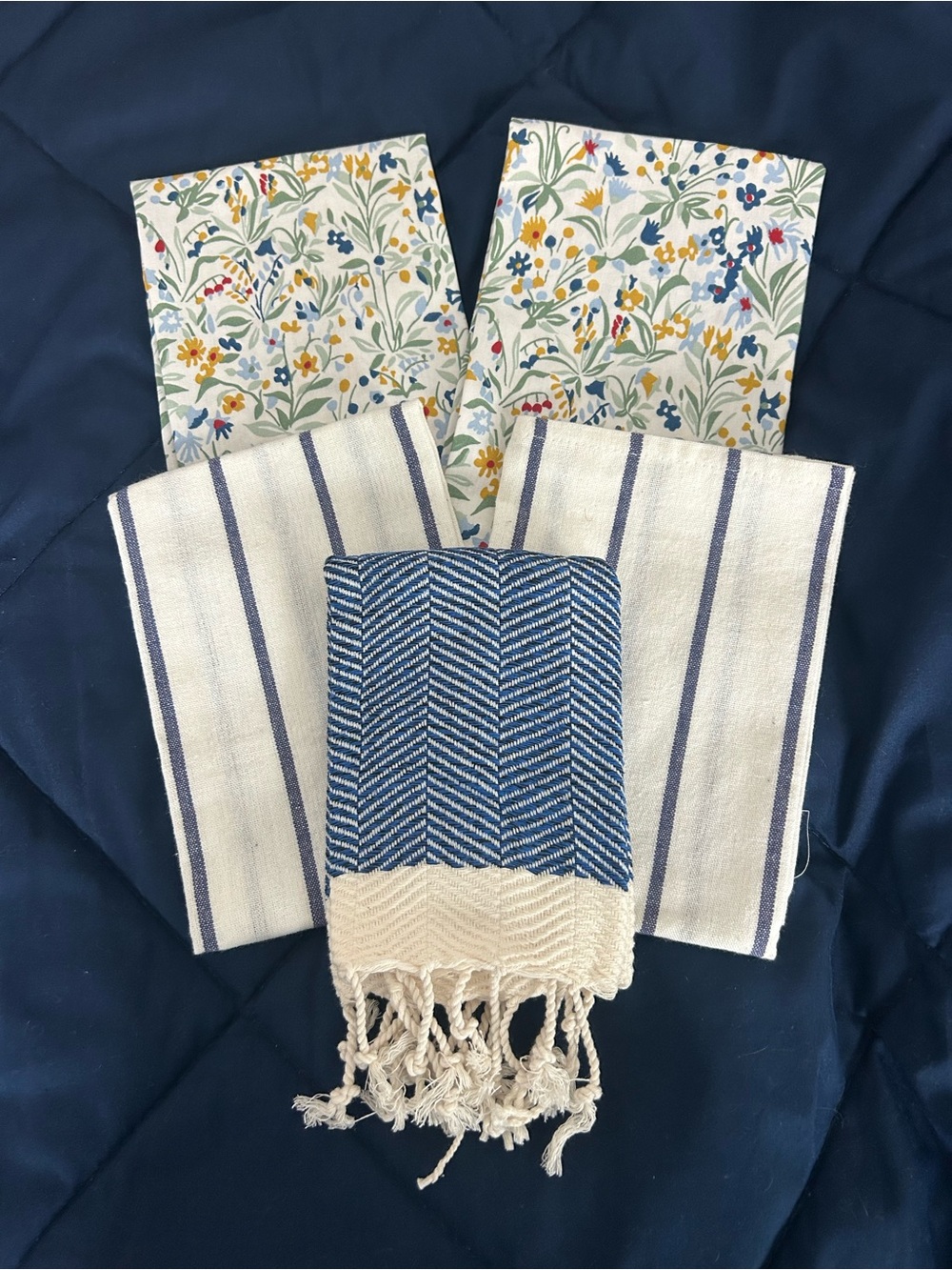 Blue and Cream Striped Cotton Hand Towels - set of 5 - Home Accents